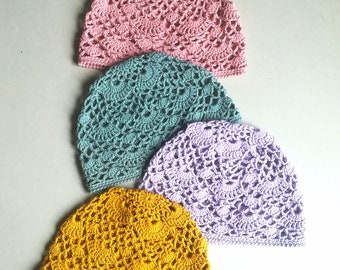 Gorro de verano de ganchillo, mini gorro de algodón con encaje estilo bohemio.