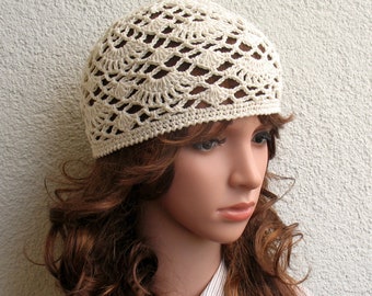 Women's Crochet Summer boho hat Girls summer hat Off white summer skull hat 100% soft cotton sun hat tight Women's Summer hat Cotton Hat