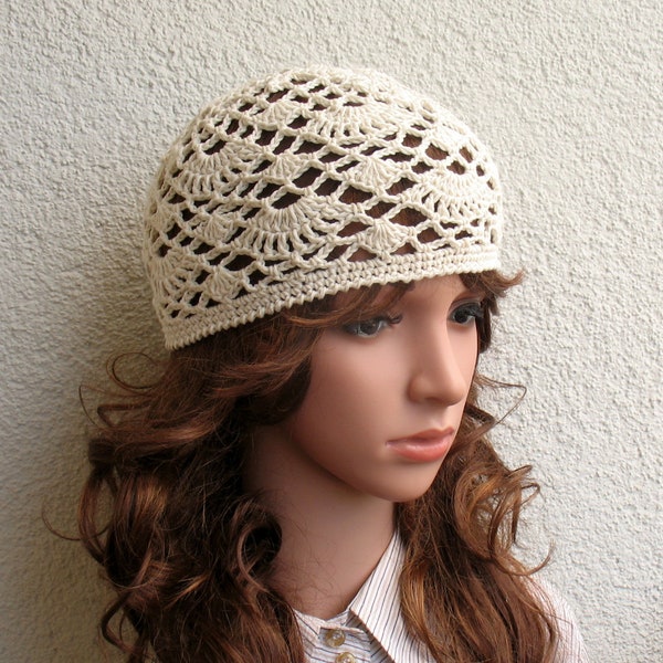 Women's Crochet Summer boho hat Girls summer hat Off white summer skull hat 100% soft cotton sun hat tight Women's Summer hat Cotton Hat