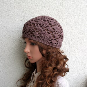Women&#39;s Crochet Summer boho Girls summer hat Dark lilac brown summer skull hat 100% soft cotton tams hat tight