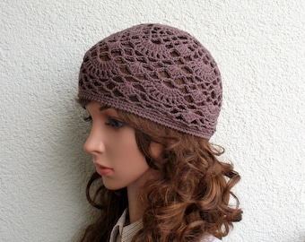 Crochet Cotton Tams Hat: Dark Lilac Brown Boho Summer Skull Cap