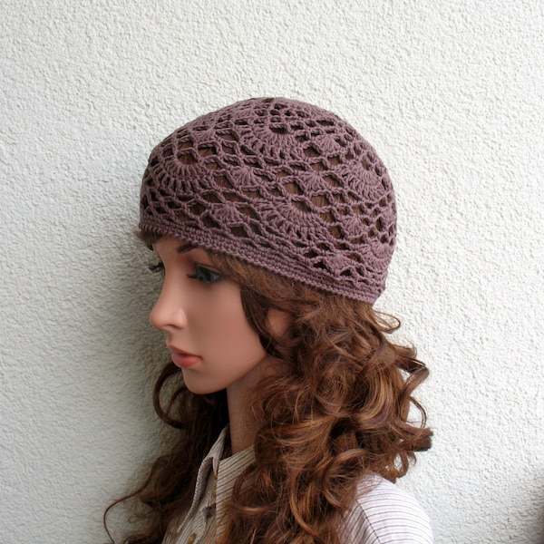 Women's Crochet Summer boho Girls summer hat Dark lilac brown summer skull hat 100% soft cotton tams hat tight