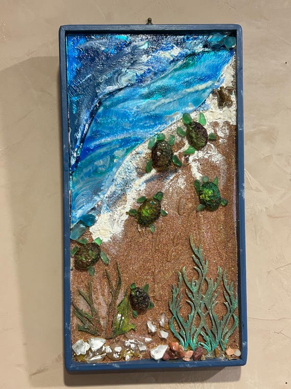 Sea Turtle Beach Wall Art | Coastal Mixed Media Ocean Scene
