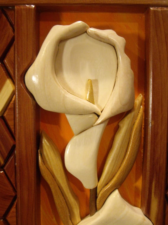 Handcrafted Wooden Calla Lily, Intarsia Floral Panel, Rustic floral wall art,  Natural wood mosaic calla lily