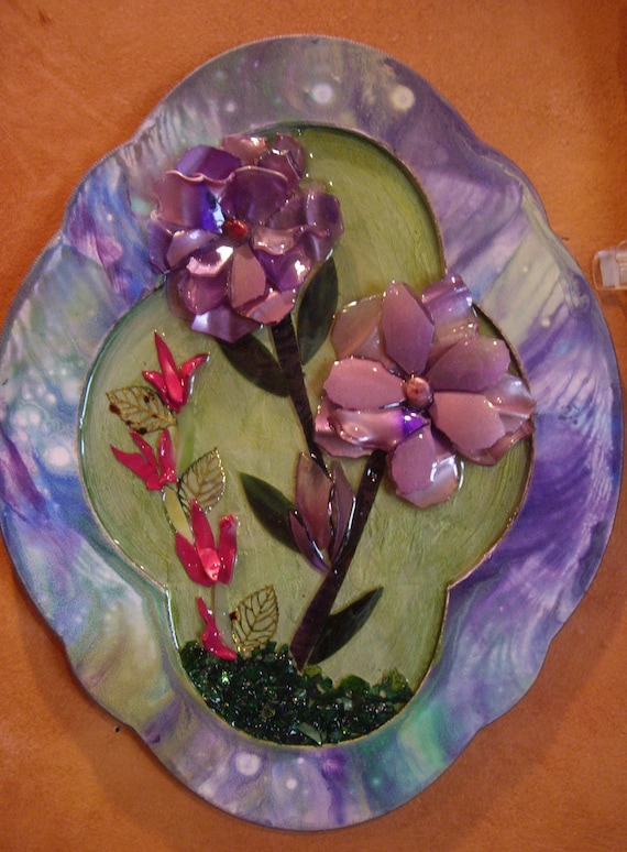 A handcrafted floral wall art piece, textured flower art on wood, nature-inspired 3D , shabby chic purple flower decor, mothers day