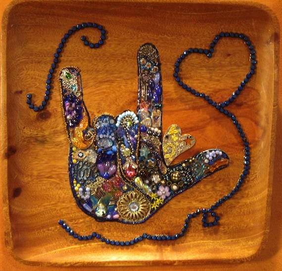 ASL sign language love sign mosaic. colorful embellished hand sign plaque, "I love you" hand sign, ASL I love you sign art, boho mixed media