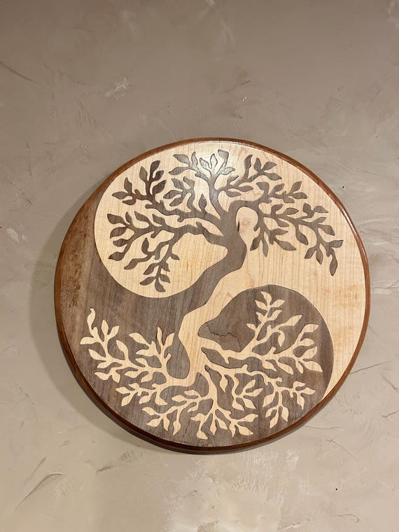 Handcrafted Wood Mosaic Tree of Life Wall Art | Round Yin Yang Plaque