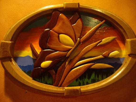 Handcrafted Intarsia Butterfly Art Floral Landscape with Sunset