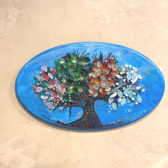Handmade Tree of Life Mosaic Art: Shimmering Glass Leaves, Luminous Stained-Glass Effect