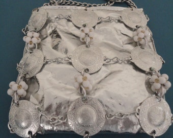 Vintage Silver Leatherette Bag/Purse by Le Soir with Silver Medallions, Rings & White Beads- Mod/Disco/Dancing Queen/Festival - 1960's Rare