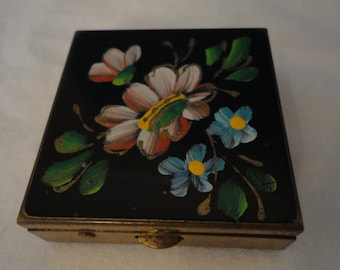 Vintage Goldtone Pill Box/Trinket Box with Enamel and Handpainted Floral Design by S F Company New York City - 1950's