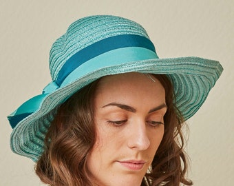 Vintage Teal/turquoise Wide Brimmed Straw Hat With Light  display picture 3