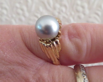 Vintage Grey/Silver Faux Pearl & Rose Gold Tone Metal Dress/Cocktail Ring - Art Deco Style - 1970&#39;s - Size UK L, US 6, Eur 51.5 - Unworn NOS