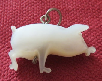Vintage/Antique Mother of Pearl Hand Carved Pig Charm/Pendant/Fob with Silver Jump Ring - Victorian/Edwardian