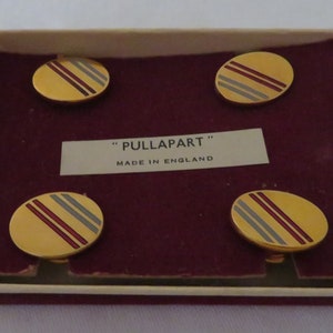 Vintage Oval Gold Tone and Pale Blue & Red Enamel Stripe Snap Link/Come Apart Cufflinks by Stratton in Original Box - 1950&#39;s
