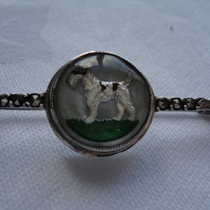 Vintage Art Deco Silver (925), Marcasite and Reverse Carved Intaglio Essex Crystal Standing Terrier Tie Pin/Stock Pin/Brooch - 1920&#39;s