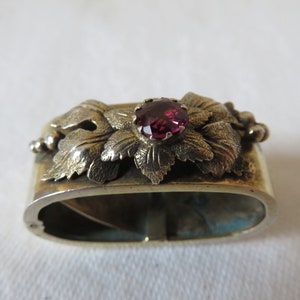 Antique/Vintage Oval Silver Vermeil Plated Buckle Scarf/Cravat Ring/Slide with Raised Floral Design & Amethyst Centre - 1800&#39;s