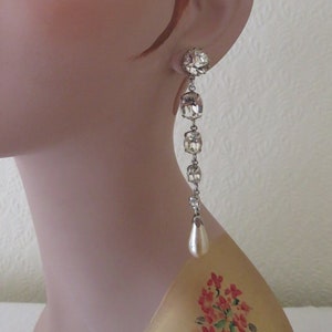Vintage Long Drop Graduated Diamante/Rhinestone & Dark Ivory Faux Pearl Post/Pierced Earrings - 1970&#39;s Glamour/Bridal/Prom/Special Occasion