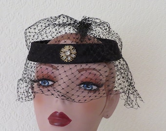 Vintage Black Satin Halo Hat/Fascinator with Gold Tone, Lucite and Diamante Flower Detail and Net Veil - 1970's - Pristine Condition