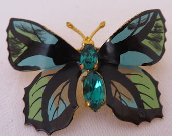 Vintage Shades of Green and Black Enamel and Dark Green Glass Gem Butterfly Brooch/Pin/Shawl Pin - Signed Made in Czechoslovakia - 1950's