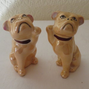 Vintage Lustre Ware Boxer/Bull/Mastiff Dog Salt and Pepper Pots/Shakers/Cruet - 1960's - Light Brown - Kitsch