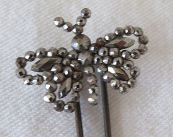 Vintage/Antique Double Pronged Hair Pin with Cut Steel Hinged Butterfly/Moth - 1800's - Victorian, Georgian