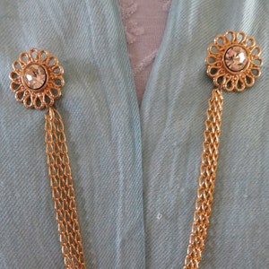 Vintage Gold Tone and Large Diamante/Rhinestone with Triple Chain Chatelaine/Duo/Cardigan/Sweater/Cape/Collar Brooch/Pin/Clip/Guard - 1980&#39;s