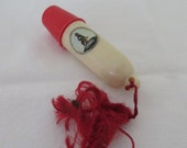 Vintage Red and Cream Lucite Sewing Etui Case with quot Good Luck quot Lucky Cornish Pixie Piskie Sitting on a Toadstool - 1950 39 s