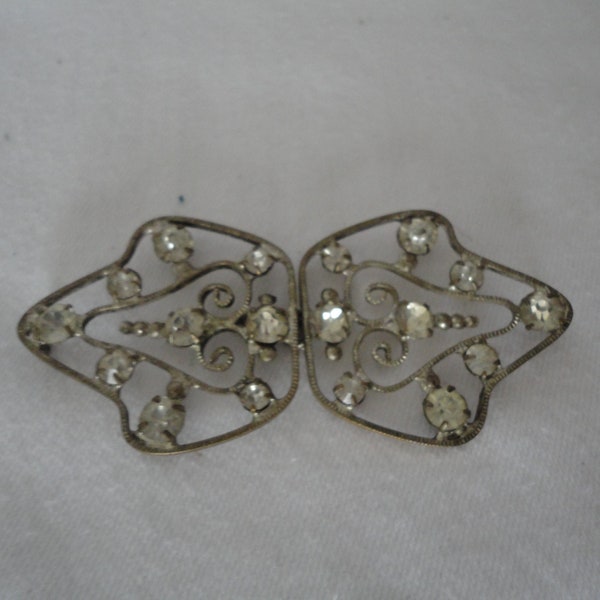Vintage/Antique Silver Tone Two Part Buckle with Clear Paste Diamante/Rhinestones - Victorian/Edwardian - Art Nouveau/Art Deco