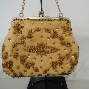 Borsa da sera vintage con paillettes dorate e perline di vetro nella scatola originale - anni '50 - matrimonio/ballo di fine anno/crociera/gare