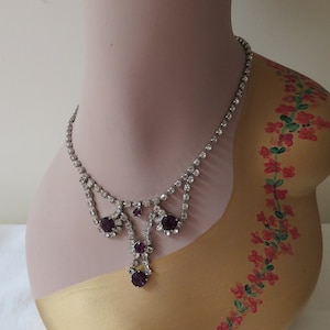 Vintage Silver Tone & Clear Diamante/Rhinestone Choker/Necklace with Purple/Amethyst Glass Drop Pendant - 1950&#39;s - Wedding/Bridal/Prom/Ball