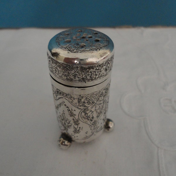 Rare Vintage/Antique Middle Eastern/Ottoman Silver Salt Pot/Shaker - 1900's - Signed - Bun Feet - Floral Hand Engraved/Chased/Etched Design