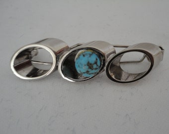 Vintage Silver Tone Hair Clip/Slide/Barrette with Faux Turquoise Glass Stone - 1970s - Wedding/Prom/Races/Cruise - Machine Age/Hippy/BoHo