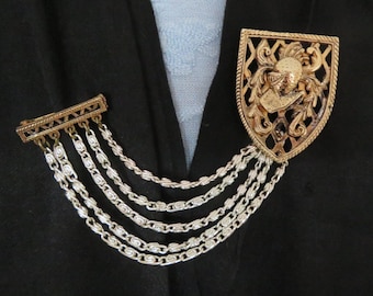 Vintage Collar/Cape/Cardigan/Sweater Duo Brooch/Guard/Chatelaine Pin by Alucraft - Gold Tone Heraldic Shield/Bar with Ornate Chain - 1960&#39;s