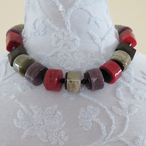 Vintage Designer Statement Marbled Black, Purple, Grey and Dark Red Chunky Bead Necklace  by Angela Caputi - Prym Original Clasp - 2000&#39;s
