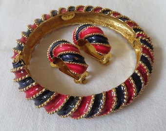 Vintage Kenneth Jay Lane (KJL) Bamboo Clip On Earrings & Bangle, Red and Black Enamel