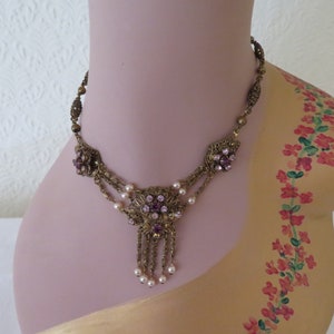 Vintage/Antique Czechoslovakia Brass Panel Necklace with Amethyst & Lilac Glass Gems and Ivory Faux Pearl Drops - Fully Signed - 1910&#39;s