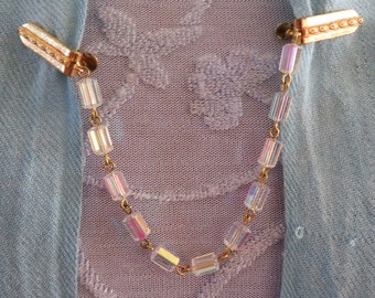 Vintage Gold Tone Bar with Fabulous AB Crystal/Glass Bead Chain Cape/Cardigan/Sweater/Collar Duo Brooch/Clip/Guard - 1960's