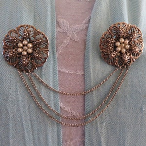Vintage Silver Tone Pierced Metal and Faux Pearl Flower Duo Brooch/Cape/Cardigan/Sweater/Collar Clip/Guard - 1970&#39;s