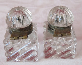 A Pair of Miniature Antique Glass Inkwells with Hinged Lids- Ribbed Design - 1900's - Desk/Office/Stationery/School/Writing Stand