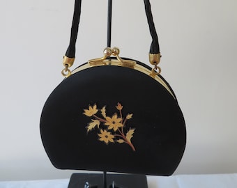 Vintage Black Silk Box/Vanity/Make Up/Minaudiere/Necessaire Evening Bag, Toledo Ware/Damascene
