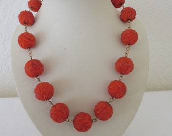 Vintage Carved Galalith Rose Bead and Gold Plated Wire Necklace - Deep Coral Colour - Art Deco/Gatsby/Dowton/Classic/Timeless
