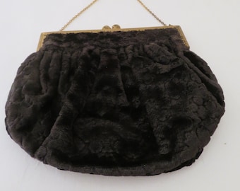 Authentic Arts & Crafts Black Evening Bag/Purse - Floral Crushed Velvet on Ornate Gold Frame