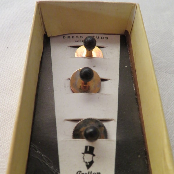 Vintage Set of Three Gold Tone Metal and Black Enamel Dress/Collar Studs Complete in Box by Stratton - 1950's - Screw Top