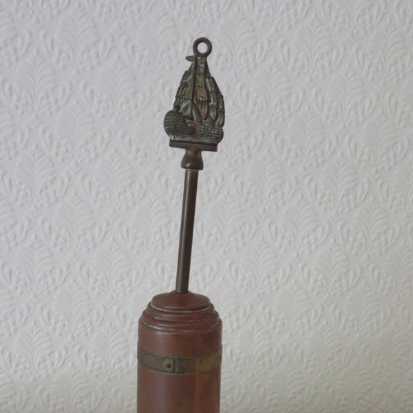 Vintage Brass and Copper Retractable Heath/Fireside Brush with Galleon/Ship Topped Handle - 1940's
