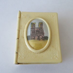 Seltene Vintage Art Deco Zelluloid Rosenkranz / Reliquiar Bibelform Box - Souvenir der Kathedrale Notre Dame, Paris - 1920er Jahre - Signiert Made in France