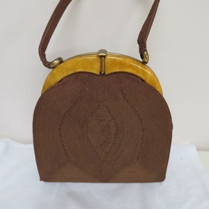 Vintage Genuine Cordé Brown Top Handle Bag/Purse with Bakelite/Catalin Egg Yolk/Amber Trim - 1940&#39;s - Rare Item - See Condition Report
