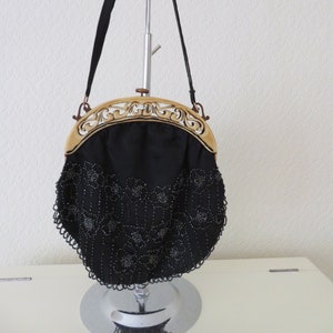 Authentic Art Deco Black Beaded Silk & Cream Celluloid/Bakelite/Lucite/Ivorine Cut Out Frame Bag/Purse - 1920&#39;s Downton Abbey/Gatsby/Flapper