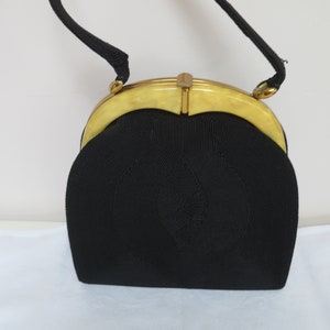 Vintage Genuine Cordé Black Top Handle Bag/Purse with Bakelite/Catalin Egg Yolk/Yellow Trim - 1940&#39;s - Rare Item - See Condition Report