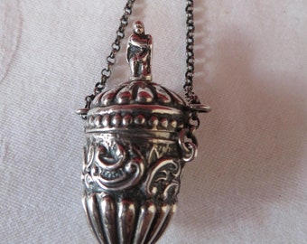 Antique Sterling Silver Chatelaine Thimble Holder & Thimble – Rococo Acorn Bucket with Figural Handle, 1800s